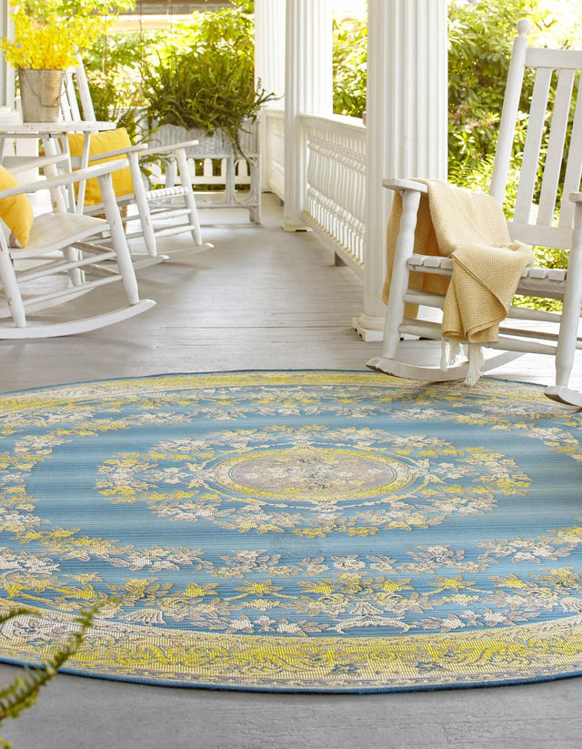 Blue 7' 10 x 7' 10 Outdoor Traditional Round Area Rug Weather Resistant for Patio, Deck, Terrace, Balcony, Porch Classical Design Outside Carpet for Sale at Rug Engine