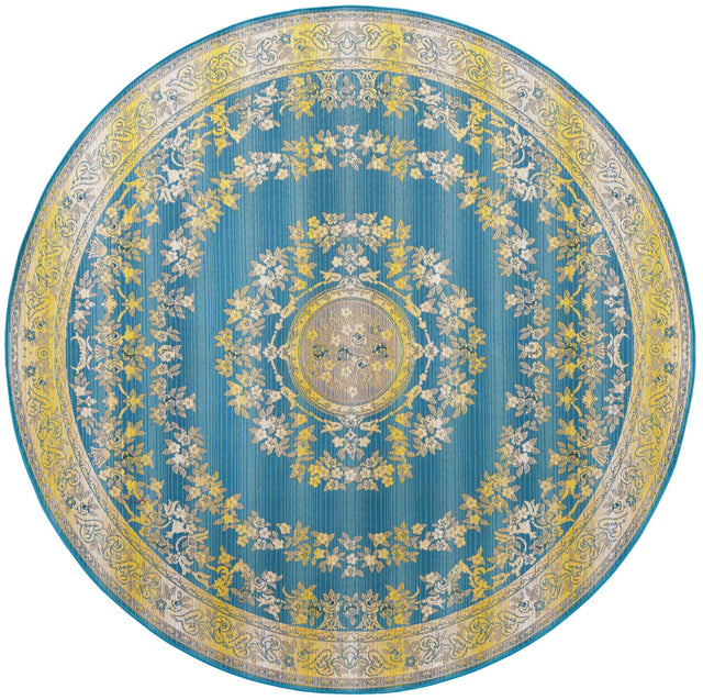 Blue 7' 10 x 7' 10 Outdoor Traditional Round Area Rug Weather Resistant for Patio, Deck, Terrace, Balcony, Porch Classical Design Outside Carpet for Sale at Rug Engine
