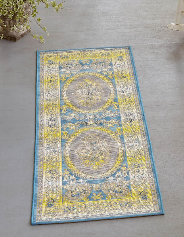 Blue 2' 7 x 5' 3 Outdoor Traditional Runner Area Rug Weather Resistant for Patio, Deck, Terrace, Balcony, Porch Classical Design Outside Carpet for Sale at Rug Engine