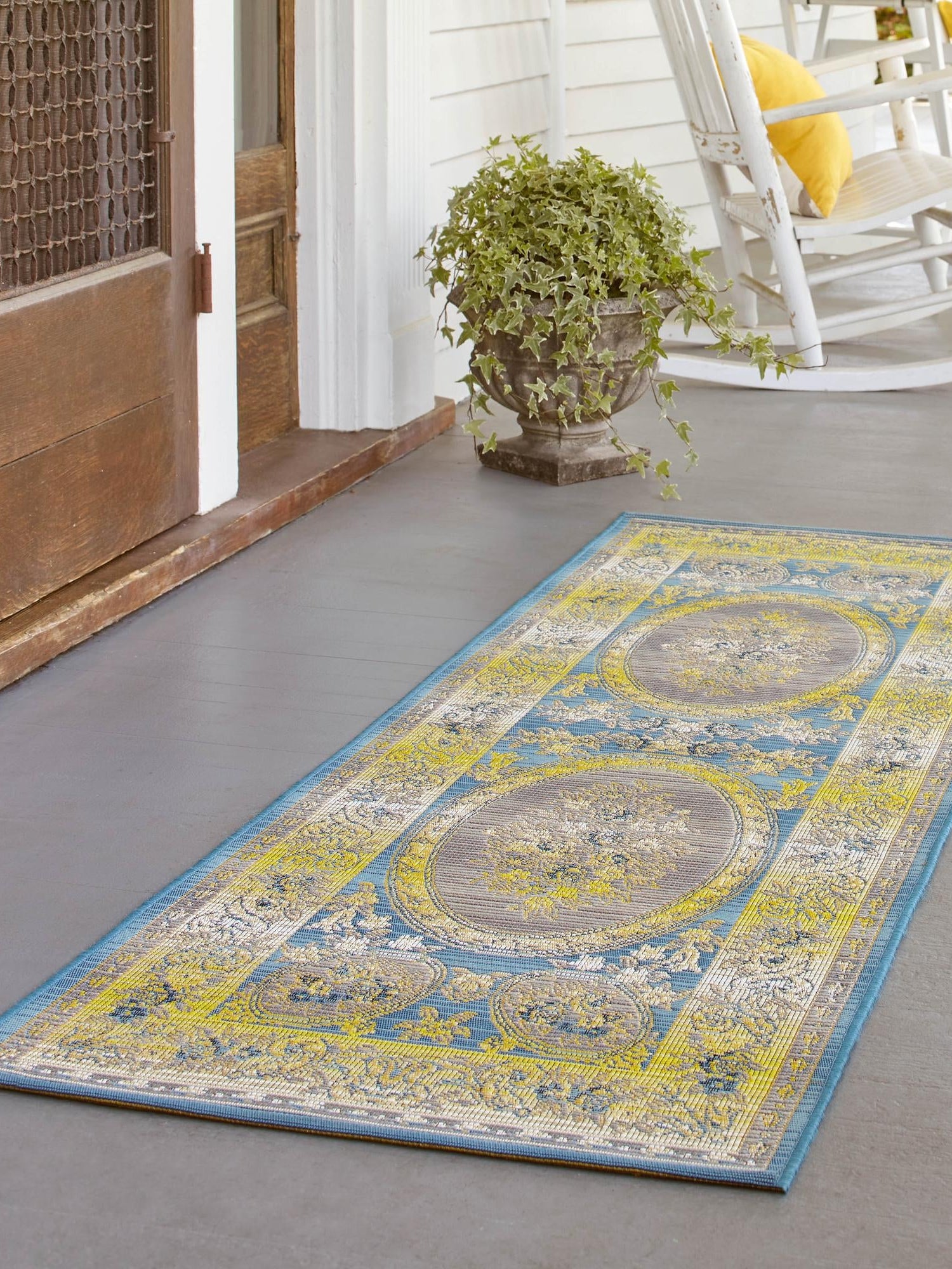 Blue 2' x 6' Outdoor Traditional Runner Area Rug Weather Resistant for Patio, Deck, Terrace, Balcony, Porch Classical Design Outside Carpet for Sale at Rug Engine