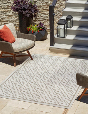 Ivory 4' x 6' Outdoor Trellis Rectangle Area Rug Weather Resistant for Patio, Deck, Terrace, Balcony, Porch Geometric Design Water Safe Outside Carpet for Sale at Rug Engine