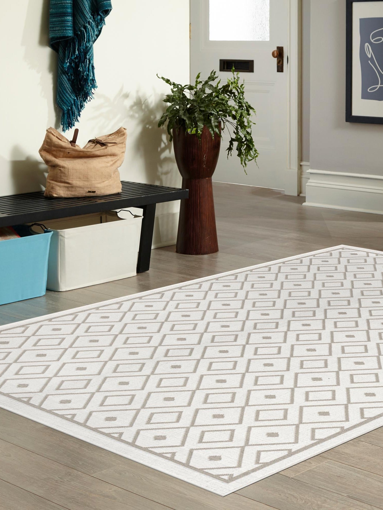 Ivory 6' x 9' Outdoor Trellis Rectangle Area Rug Weather Resistant for Patio, Deck, Terrace, Balcony, Porch Geometric Design Water Safe Outside Carpet for Sale at Rug Engine