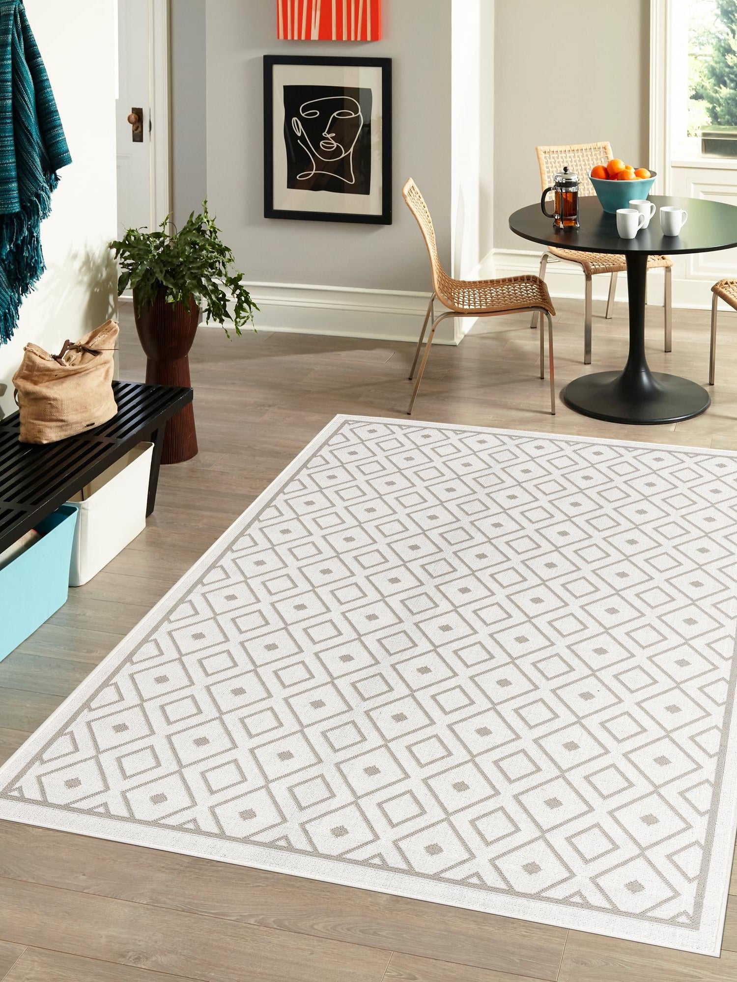 Ivory 6' x 9' Outdoor Trellis Rectangle Area Rug Weather Resistant for Patio, Deck, Terrace, Balcony, Porch Geometric Design Water Safe Outside Carpet for Sale at Rug Engine