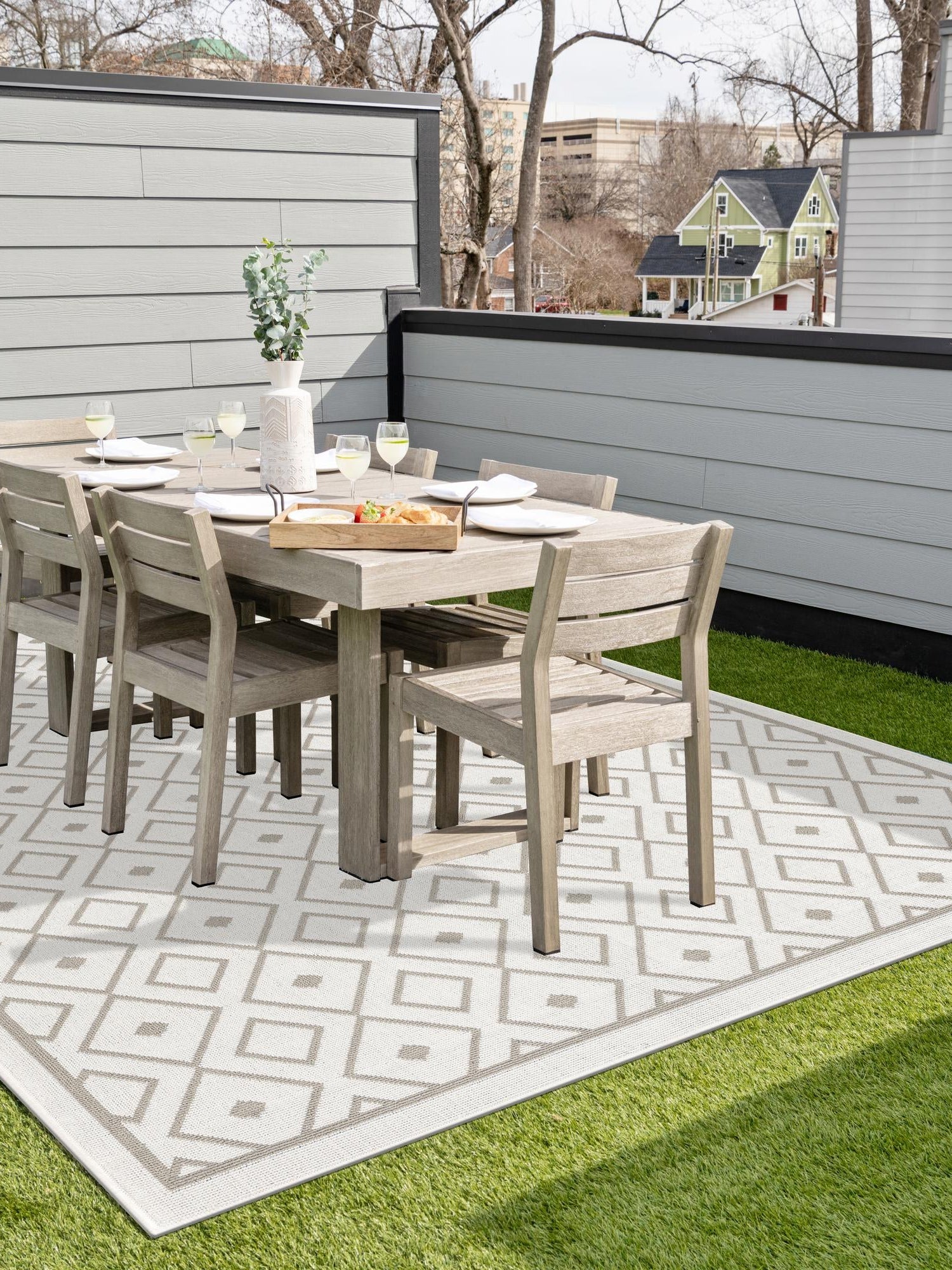 Ivory 6' x 9' Outdoor Trellis Rectangle Area Rug Weather Resistant for Patio, Deck, Terrace, Balcony, Porch Geometric Design Water Safe Outside Carpet for Sale at Rug Engine