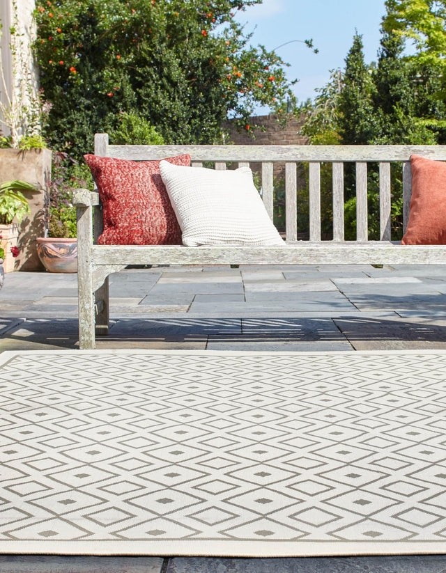 Ivory 7' 10 x 7' 10 Outdoor Trellis Square Area Rug Weather Resistant for Patio, Deck, Terrace, Balcony, Porch Geometric Design Water Safe Outside Carpet for Sale at Rug Engine