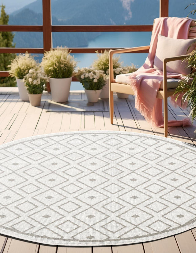 Ivory 4' x 4' Outdoor Trellis Round Area Rug Weather Resistant for Patio, Deck, Terrace, Balcony, Porch Geometric Design Water Safe Outside Carpet for Sale at Rug Engine