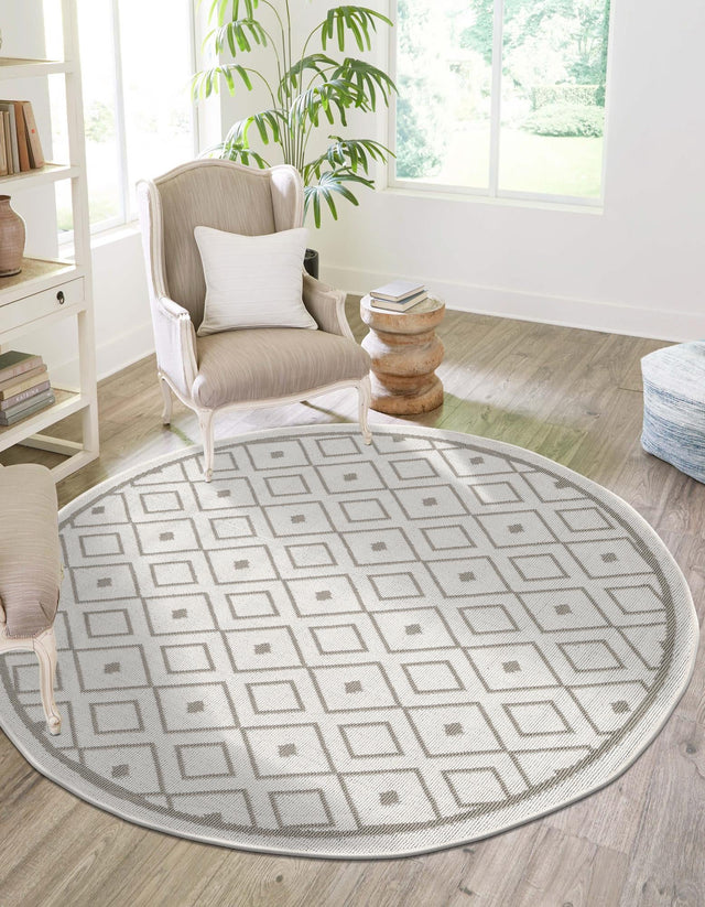 Ivory 4' x 4' Outdoor Trellis Round Area Rug Weather Resistant for Patio, Deck, Terrace, Balcony, Porch Geometric Design Water Safe Outside Carpet for Sale at Rug Engine