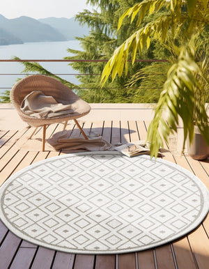 Ivory 4' x 4' Outdoor Trellis Round Area Rug Weather Resistant for Patio, Deck, Terrace, Balcony, Porch Geometric Design Water Safe Outside Carpet for Sale at Rug Engine