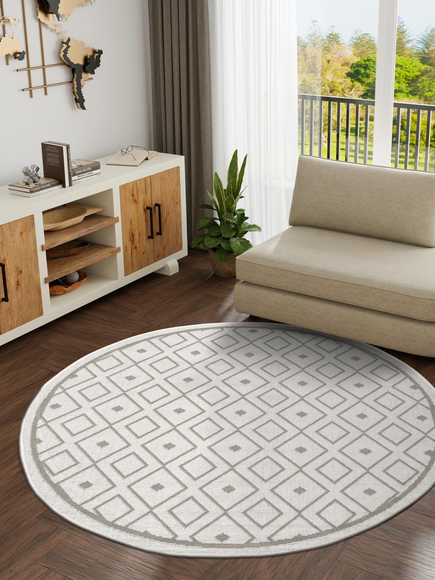 Ivory 4' x 4' Outdoor Trellis Round Area Rug Weather Resistant for Patio, Deck, Terrace, Balcony, Porch Geometric Design Water Safe Outside Carpet for Sale at Rug Engine