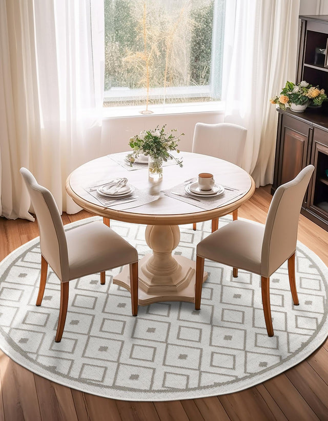 Ivory 4' x 4' Outdoor Trellis Round Area Rug Weather Resistant for Patio, Deck, Terrace, Balcony, Porch Geometric Design Water Safe Outside Carpet for Sale at Rug Engine