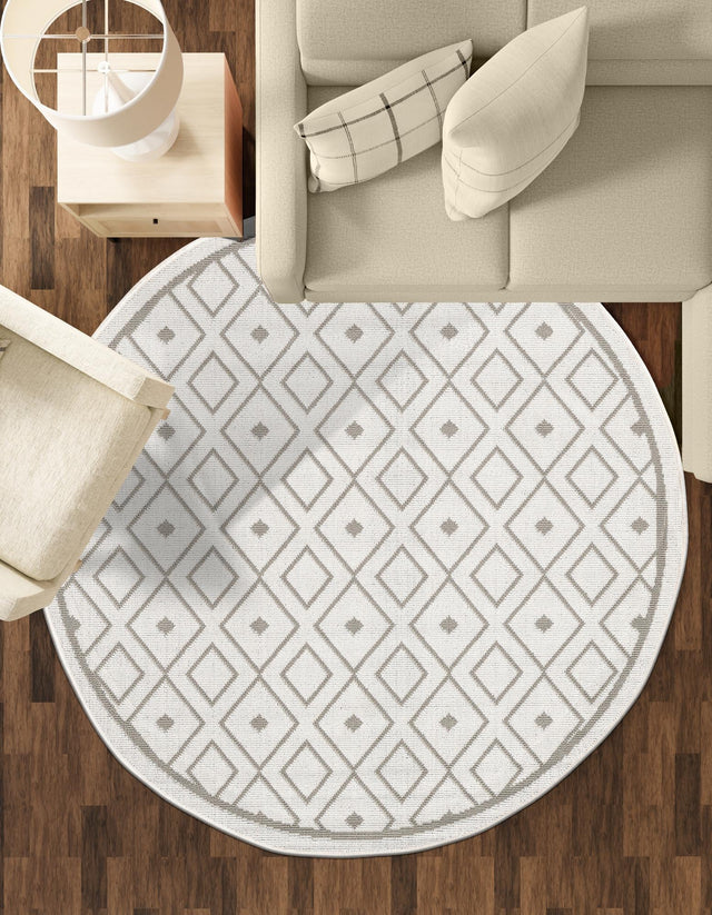 Ivory 4' x 4' Outdoor Trellis Round Area Rug Weather Resistant for Patio, Deck, Terrace, Balcony, Porch Geometric Design Water Safe Outside Carpet for Sale at Rug Engine