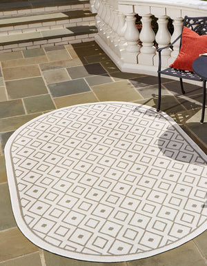 Ivory 5' 3 x 8' Outdoor Trellis Oval Area Rug Weather Resistant for Patio, Deck, Terrace, Balcony, Porch Geometric Design Water Safe Outside Carpet for Sale at Rug Engine
