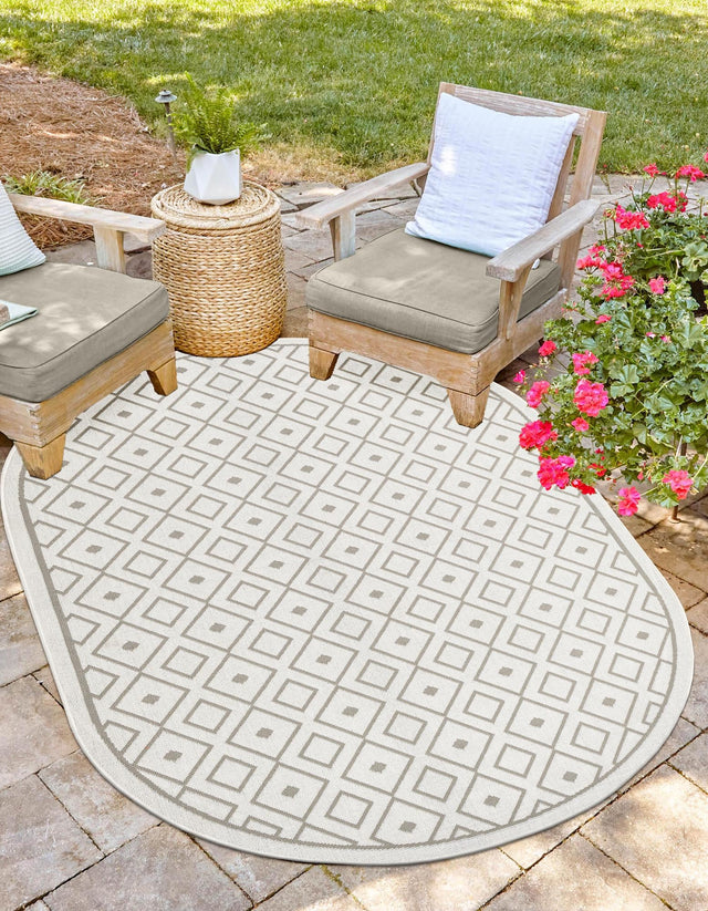 Ivory 5' 3 x 8' Outdoor Trellis Oval Area Rug Weather Resistant for Patio, Deck, Terrace, Balcony, Porch Geometric Design Water Safe Outside Carpet for Sale at Rug Engine