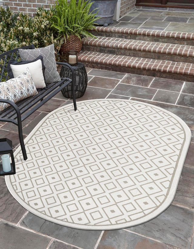Ivory 5' 3 x 8' Outdoor Trellis Oval Area Rug Weather Resistant for Patio, Deck, Terrace, Balcony, Porch Geometric Design Water Safe Outside Carpet for Sale at Rug Engine