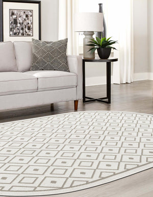 Ivory 5' 3 x 8' Outdoor Trellis Oval Area Rug Weather Resistant for Patio, Deck, Terrace, Balcony, Porch Geometric Design Water Safe Outside Carpet for Sale at Rug Engine