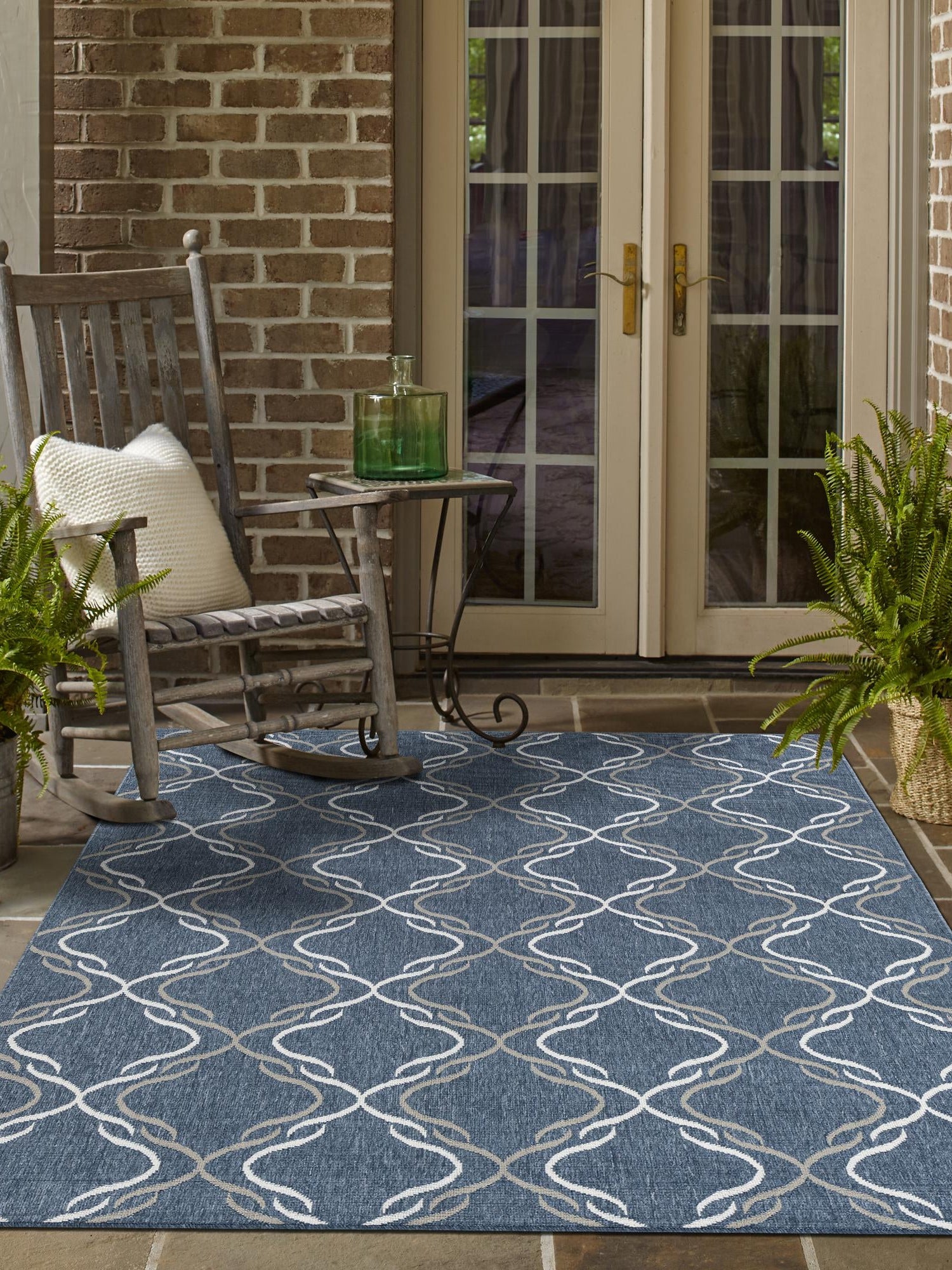 Navy Blue 6' x 9' Outdoor Trellis Rectangle Area Rug Weather Resistant for Patio, Deck, Terrace, Balcony, Porch Geometric Design Water Safe Outside Carpet for Sale at Rug Engine