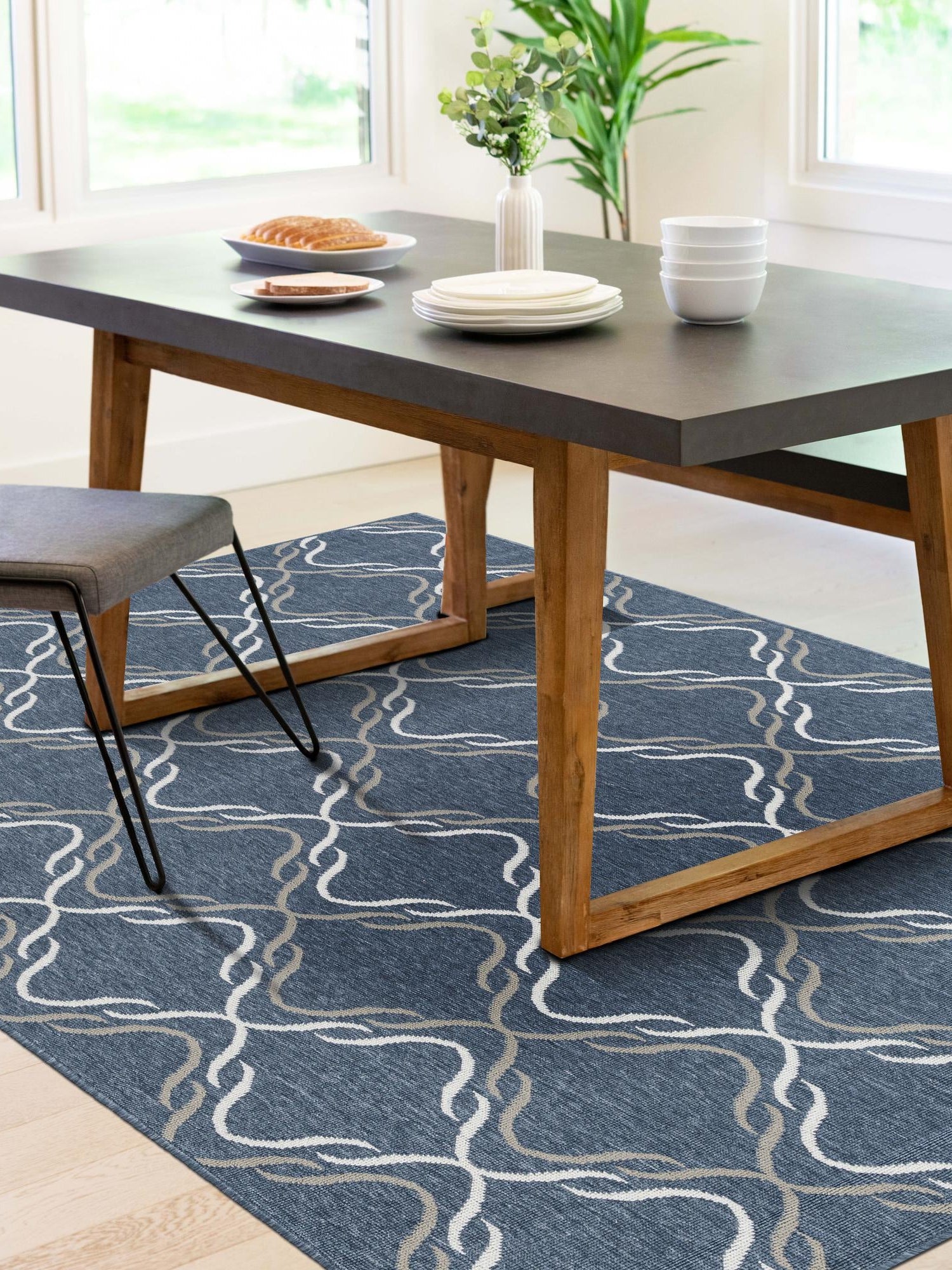Navy Blue 6' x 9' Outdoor Trellis Rectangle Area Rug Weather Resistant for Patio, Deck, Terrace, Balcony, Porch Geometric Design Water Safe Outside Carpet for Sale at Rug Engine