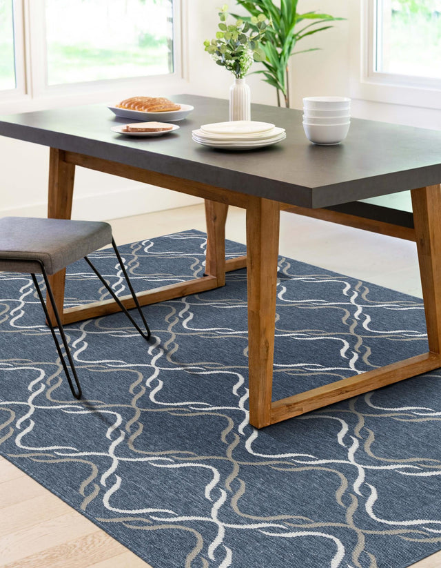 Navy Blue 8' x 10' Outdoor Trellis Rectangle Area Rug Weather Resistant for Patio, Deck, Terrace, Balcony, Porch Geometric Design Water Safe Outside Carpet for Sale at Rug Engine