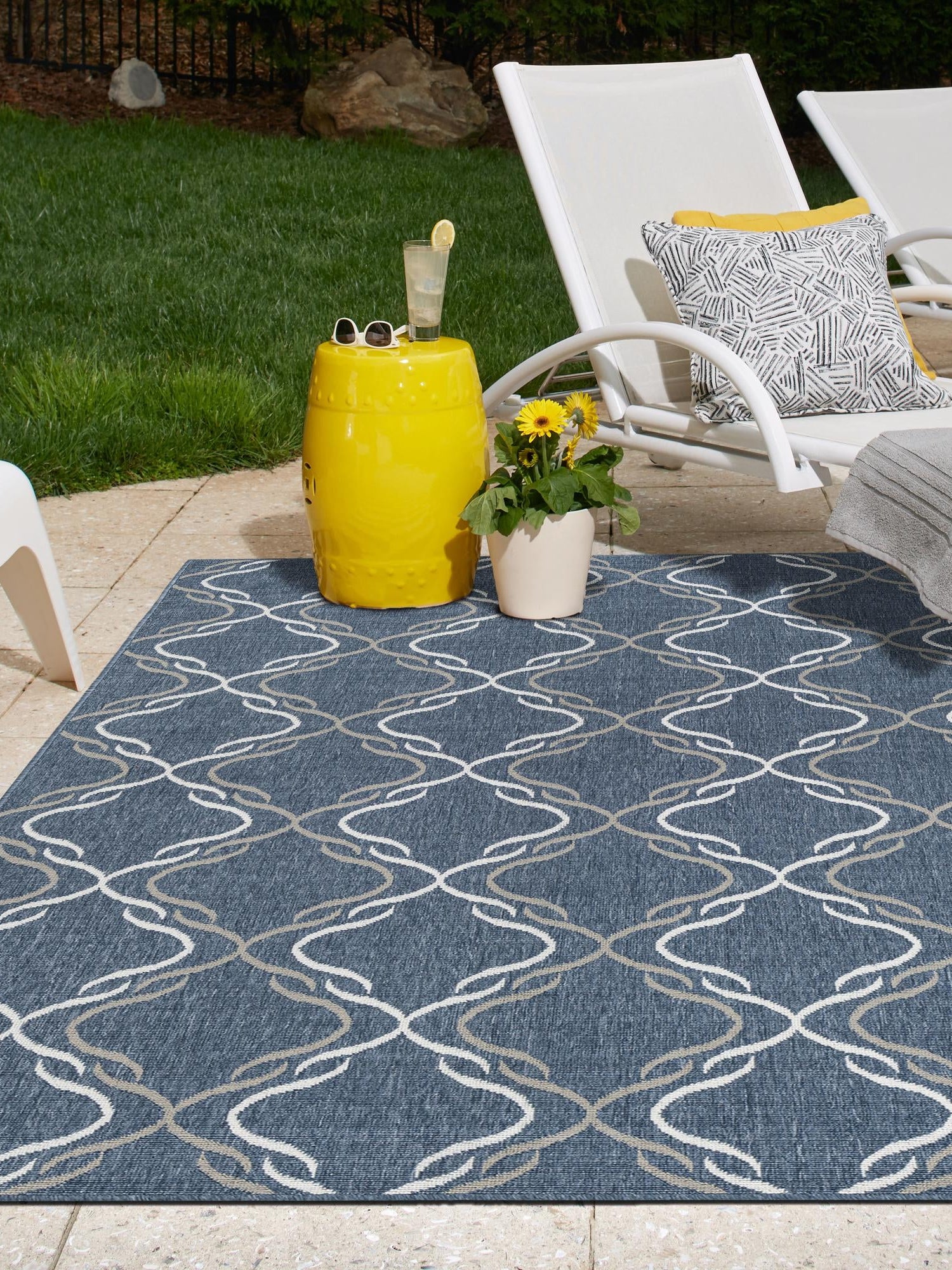 Navy Blue 6' x 9' Outdoor Trellis Rectangle Area Rug Weather Resistant for Patio, Deck, Terrace, Balcony, Porch Geometric Design Water Safe Outside Carpet for Sale at Rug Engine
