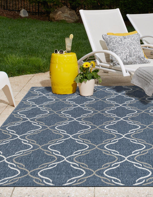 Navy Blue 8' x 10' Outdoor Trellis Rectangle Area Rug Weather Resistant for Patio, Deck, Terrace, Balcony, Porch Geometric Design Water Safe Outside Carpet for Sale at Rug Engine