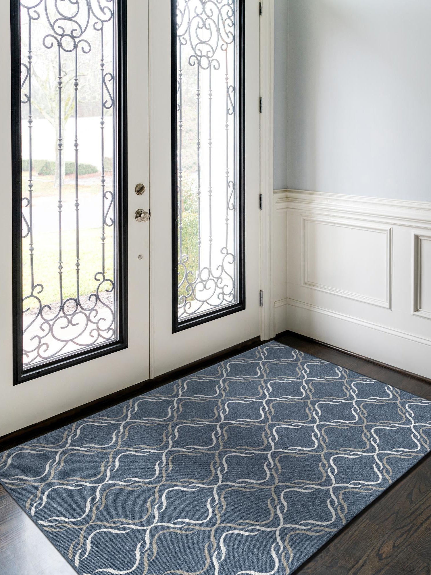 Navy Blue 4' x 6' Outdoor Trellis Rectangle Area Rug Weather Resistant for Patio, Deck, Terrace, Balcony, Porch Geometric Design Water Safe Outside Carpet for Sale at Rug Engine
