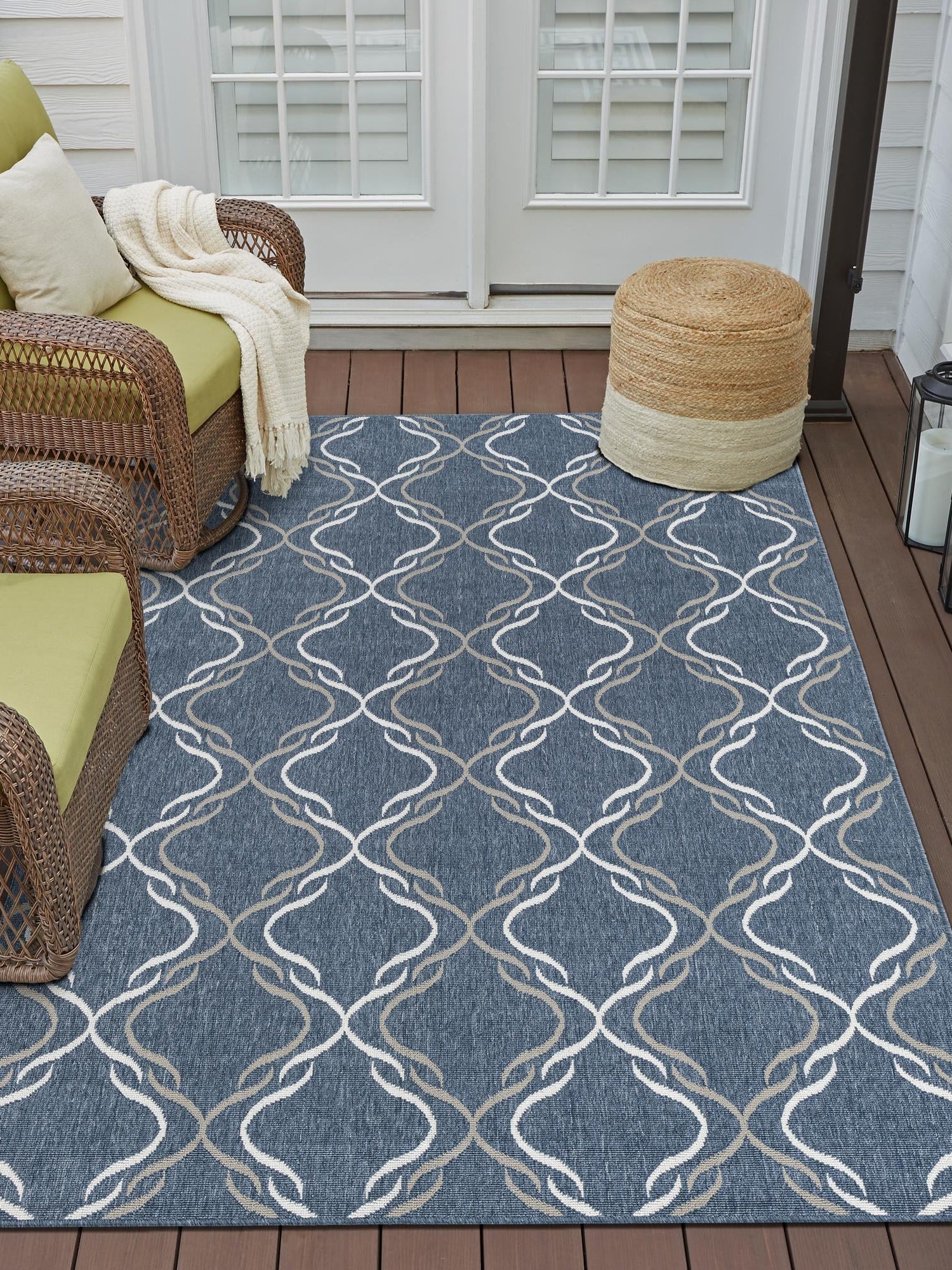 Navy Blue 4' x 6' Outdoor Trellis Rectangle Area Rug Weather Resistant for Patio, Deck, Terrace, Balcony, Porch Geometric Design Water Safe Outside Carpet for Sale at Rug Engine