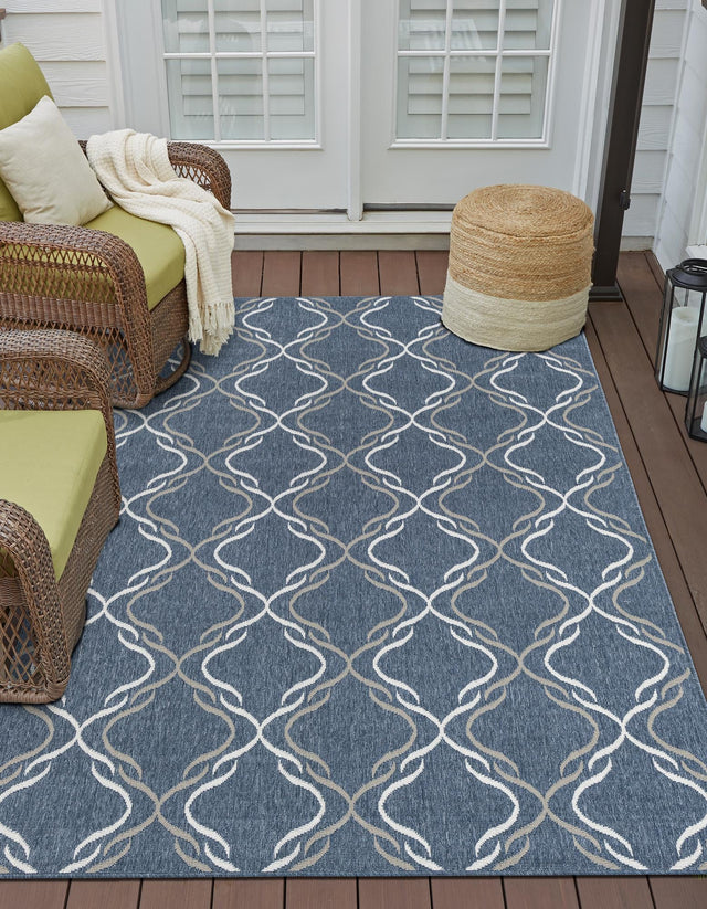 Navy Blue 8' x 10' Outdoor Trellis Rectangle Area Rug Weather Resistant for Patio, Deck, Terrace, Balcony, Porch Geometric Design Water Safe Outside Carpet for Sale at Rug Engine