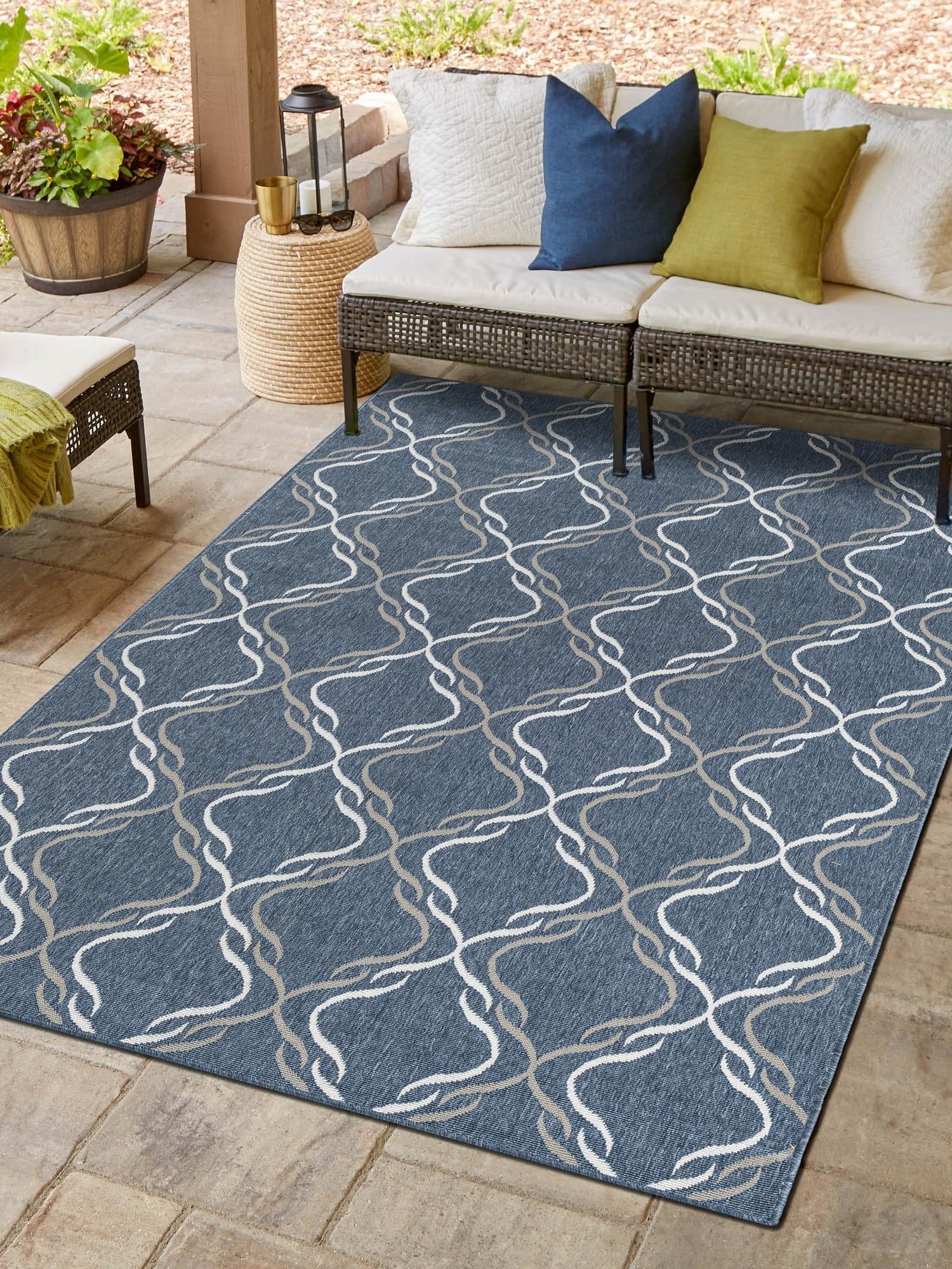 Navy Blue 8' x 10' Outdoor Trellis Rectangle Area Rug Weather Resistant for Patio, Deck, Terrace, Balcony, Porch Geometric Design Water Safe Outside Carpet for Sale at Rug Engine
