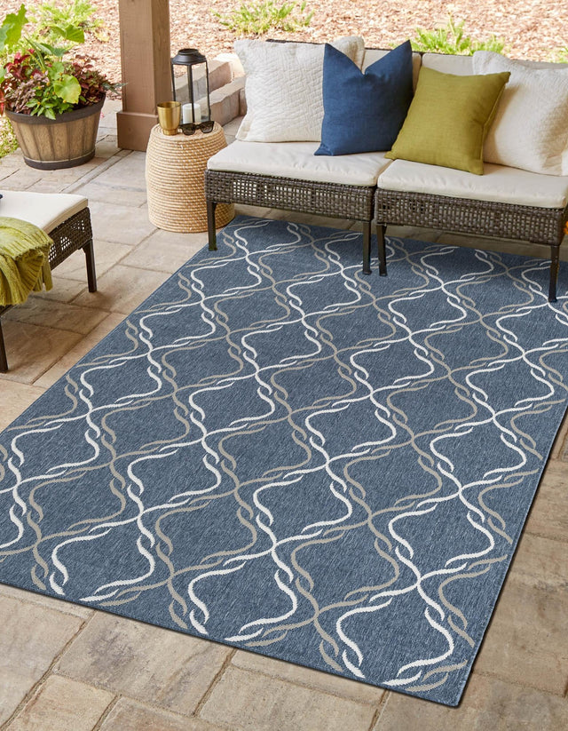 Navy Blue 8' x 10' Outdoor Trellis Rectangle Area Rug Weather Resistant for Patio, Deck, Terrace, Balcony, Porch Geometric Design Water Safe Outside Carpet for Sale at Rug Engine