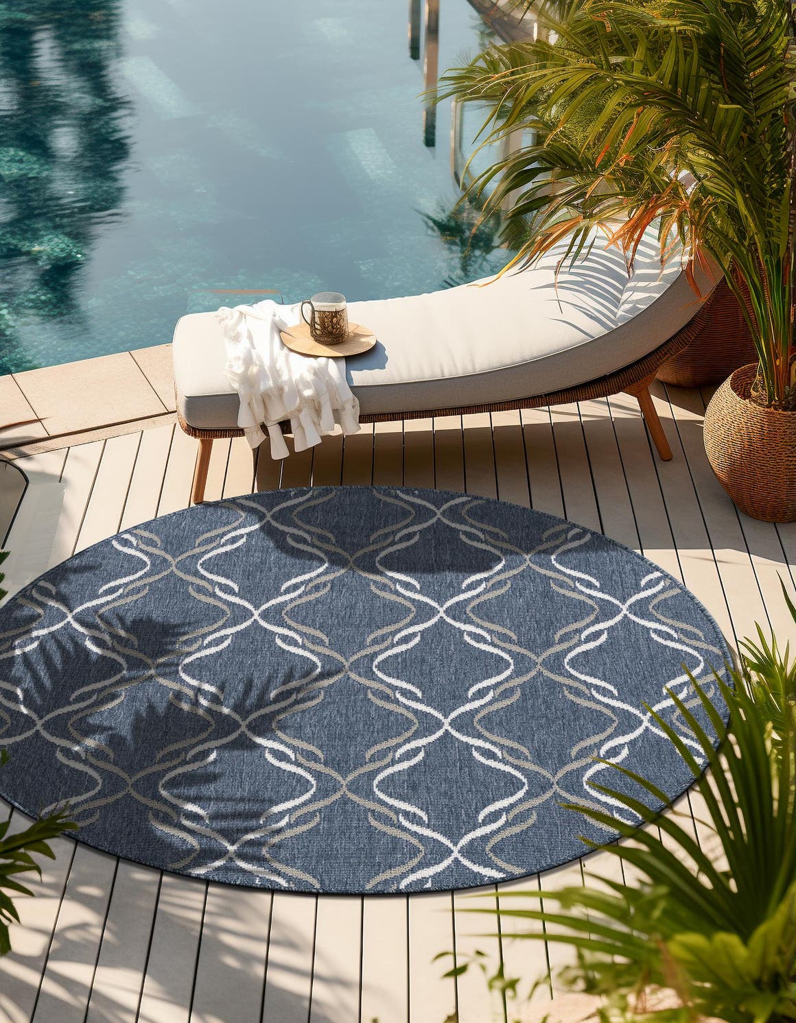 Navy Blue 7' x 7' Outdoor Trellis Round Area Rug Weather Resistant for Patio, Deck, Terrace, Balcony, Porch Geometric Design Water Safe Outside Carpet for Sale at Rug Engine