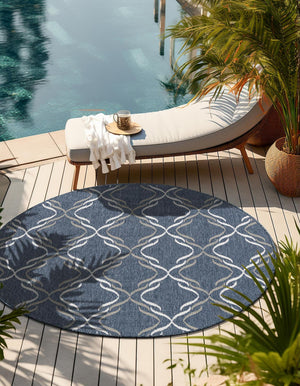 Navy Blue 7' x 7' Outdoor Trellis Round Area Rug Weather Resistant for Patio, Deck, Terrace, Balcony, Porch Geometric Design Water Safe Outside Carpet for Sale at Rug Engine