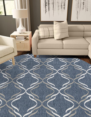 Navy Blue 7' x 7' Outdoor Trellis Round Area Rug Weather Resistant for Patio, Deck, Terrace, Balcony, Porch Geometric Design Water Safe Outside Carpet for Sale at Rug Engine