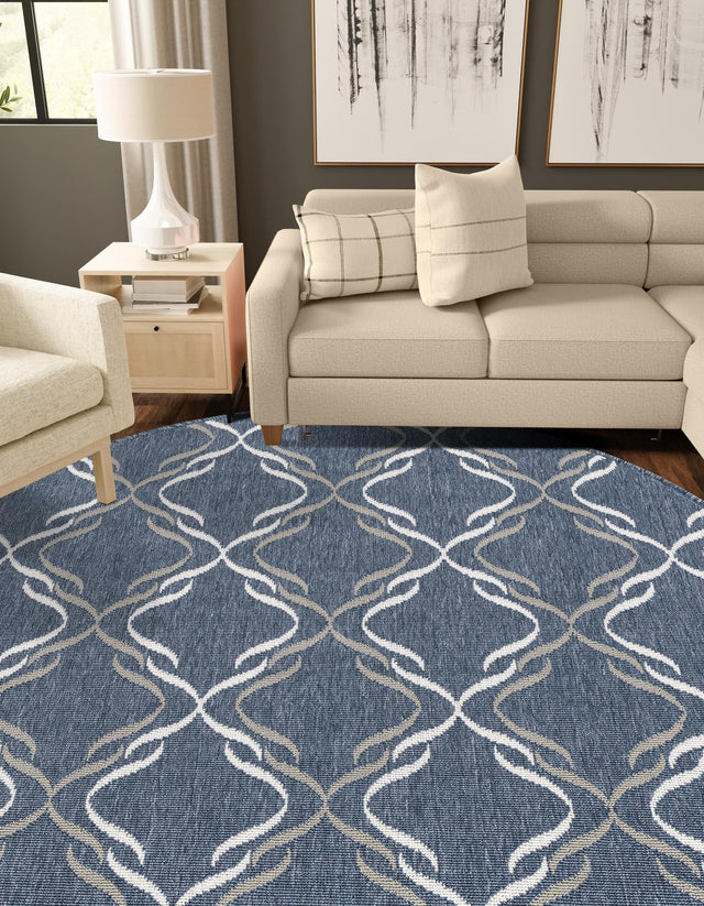 Navy Blue 7' x 7' Outdoor Trellis Round Area Rug Weather Resistant for Patio, Deck, Terrace, Balcony, Porch Geometric Design Water Safe Outside Carpet for Sale at Rug Engine