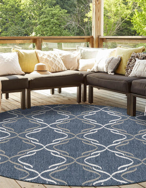 Navy Blue 7' x 7' Outdoor Trellis Round Area Rug Weather Resistant for Patio, Deck, Terrace, Balcony, Porch Geometric Design Water Safe Outside Carpet for Sale at Rug Engine