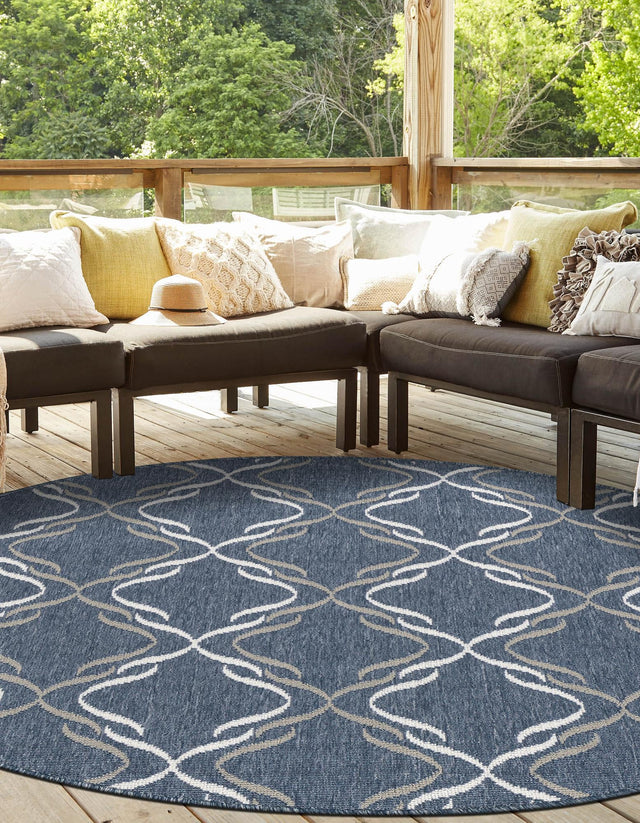 Navy Blue 7' x 7' Outdoor Trellis Round Area Rug Weather Resistant for Patio, Deck, Terrace, Balcony, Porch Geometric Design Water Safe Outside Carpet for Sale at Rug Engine