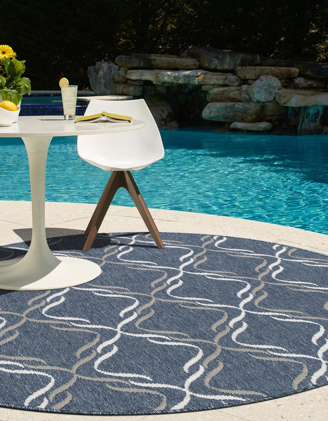 Navy Blue 7' x 7' Outdoor Trellis Round Area Rug Weather Resistant for Patio, Deck, Terrace, Balcony, Porch Geometric Design Water Safe Outside Carpet for Sale at Rug Engine