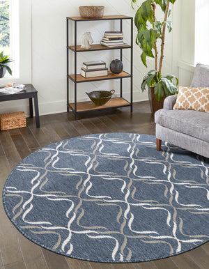 Navy Blue 7' x 7' Outdoor Trellis Round Area Rug Weather Resistant for Patio, Deck, Terrace, Balcony, Porch Geometric Design Water Safe Outside Carpet for Sale at Rug Engine
