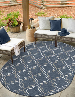 Navy Blue 7' 10 x 10' Outdoor Trellis Oval Area Rug Weather Resistant for Patio, Deck, Terrace, Balcony, Porch Geometric Design Water Safe Outside Carpet for Sale at Rug Engine