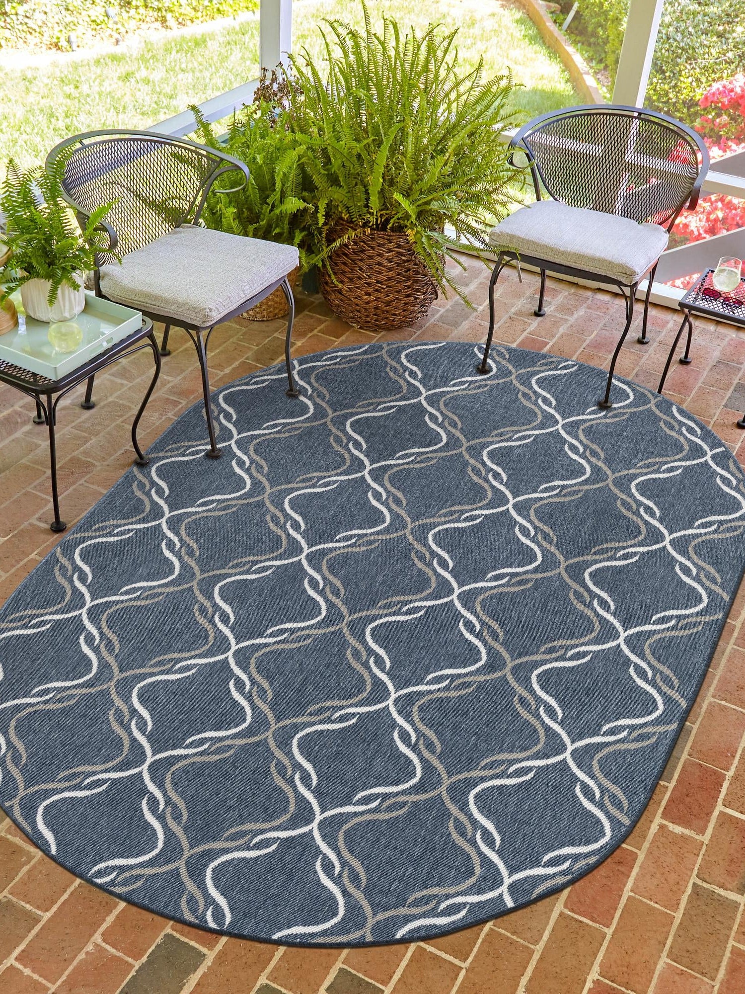 Navy Blue 5' 3 x 8' Outdoor Trellis Oval Area Rug Weather Resistant for Patio, Deck, Terrace, Balcony, Porch Geometric Design Water Safe Outside Carpet for Sale at Rug Engine