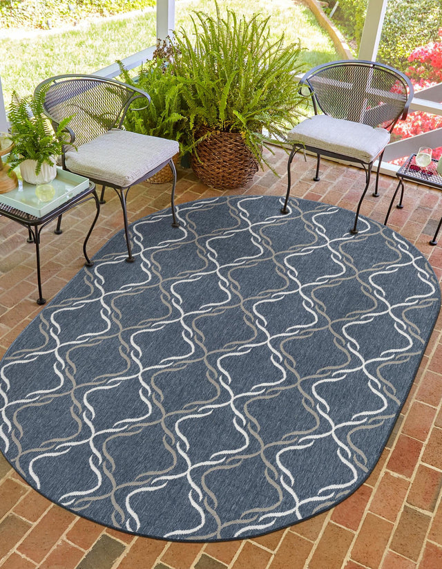Navy Blue 5' 3 x 8' Outdoor Trellis Oval Area Rug Weather Resistant for Patio, Deck, Terrace, Balcony, Porch Geometric Design Water Safe Outside Carpet for Sale at Rug Engine