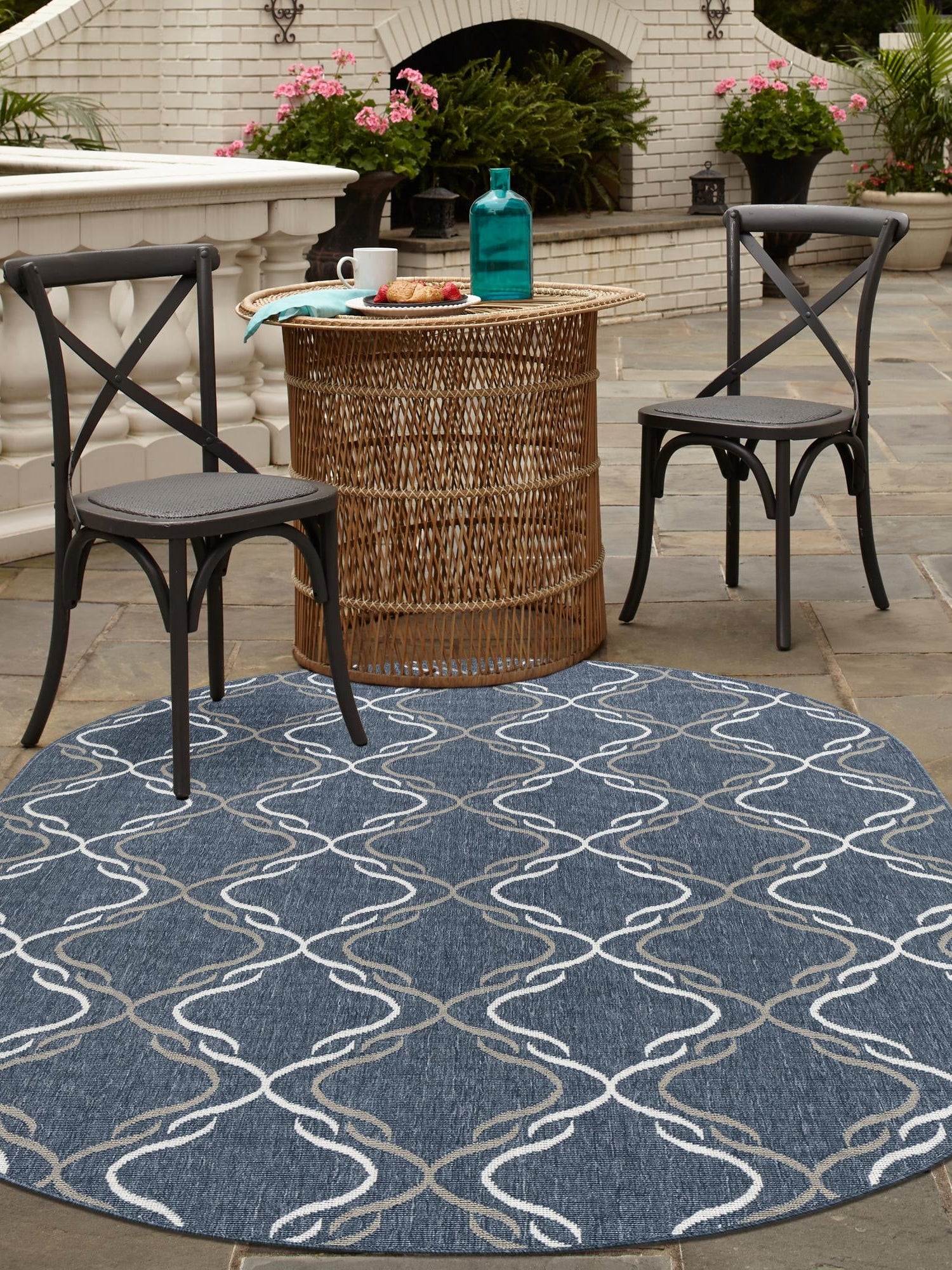Navy Blue 5' 3 x 8' Outdoor Trellis Oval Area Rug Weather Resistant for Patio, Deck, Terrace, Balcony, Porch Geometric Design Water Safe Outside Carpet for Sale at Rug Engine