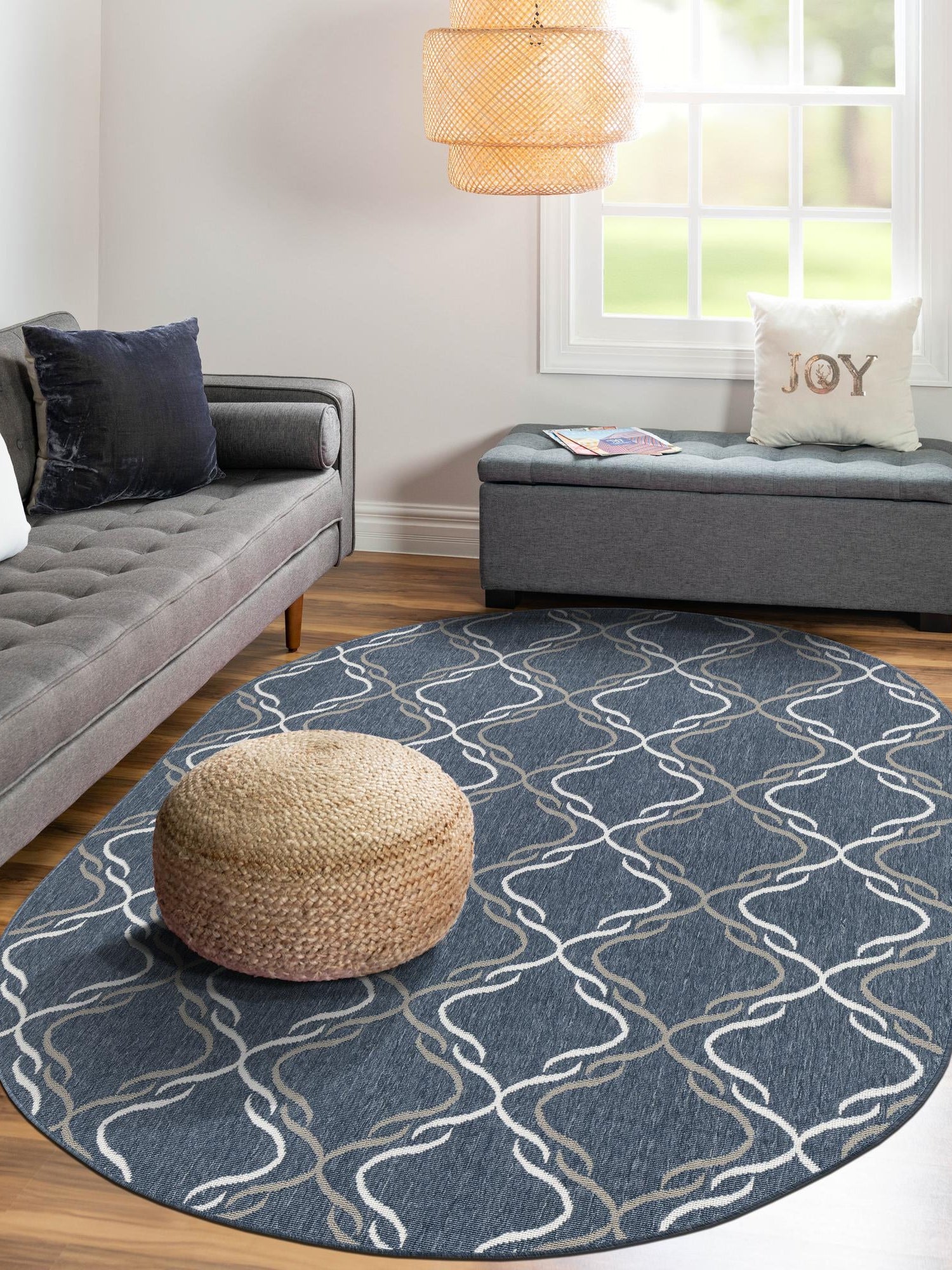 Navy Blue 5' 3 x 8' Outdoor Trellis Oval Area Rug Weather Resistant for Patio, Deck, Terrace, Balcony, Porch Geometric Design Water Safe Outside Carpet for Sale at Rug Engine