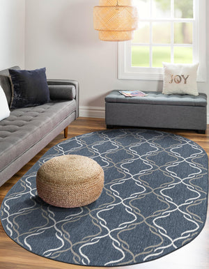Navy Blue 5' 3 x 8' Outdoor Trellis Oval Area Rug Weather Resistant for Patio, Deck, Terrace, Balcony, Porch Geometric Design Water Safe Outside Carpet for Sale at Rug Engine