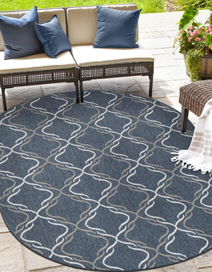 Navy Blue 7' 10 x 10' Outdoor Trellis Oval Area Rug Weather Resistant for Patio, Deck, Terrace, Balcony, Porch Geometric Design Water Safe Outside Carpet for Sale at Rug Engine