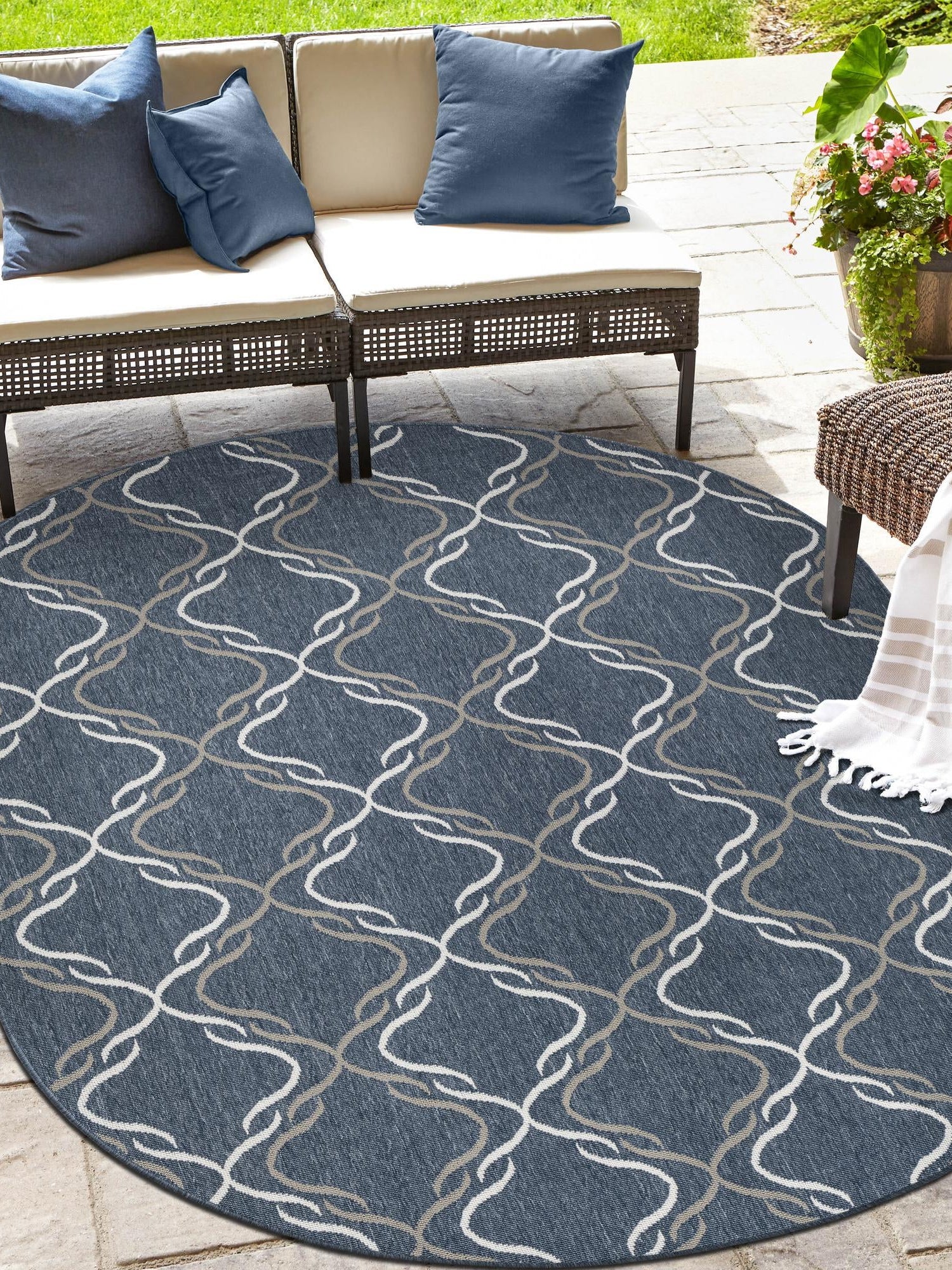Navy Blue 5' 3 x 8' Outdoor Trellis Oval Area Rug Weather Resistant for Patio, Deck, Terrace, Balcony, Porch Geometric Design Water Safe Outside Carpet for Sale at Rug Engine