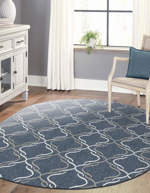Navy Blue 7' 10 x 10' Outdoor Trellis Oval Area Rug Weather Resistant for Patio, Deck, Terrace, Balcony, Porch Geometric Design Water Safe Outside Carpet for Sale at Rug Engine
