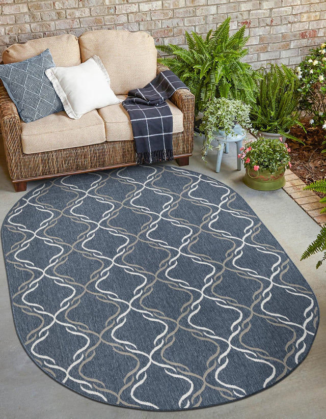 Navy Blue 7' 10 x 10' Outdoor Trellis Oval Area Rug Weather Resistant for Patio, Deck, Terrace, Balcony, Porch Geometric Design Water Safe Outside Carpet for Sale at Rug Engine