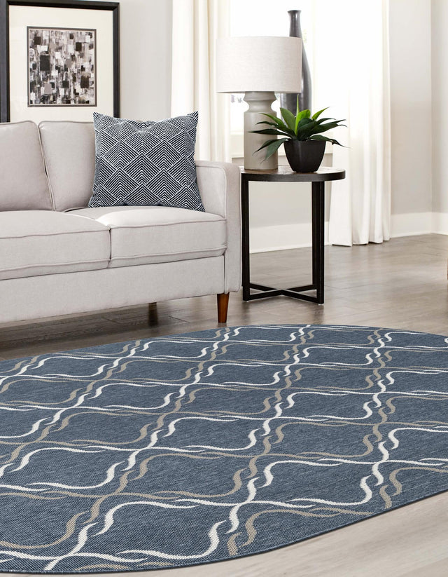 Navy Blue 7' 10 x 10' Outdoor Trellis Oval Area Rug Weather Resistant for Patio, Deck, Terrace, Balcony, Porch Geometric Design Water Safe Outside Carpet for Sale at Rug Engine