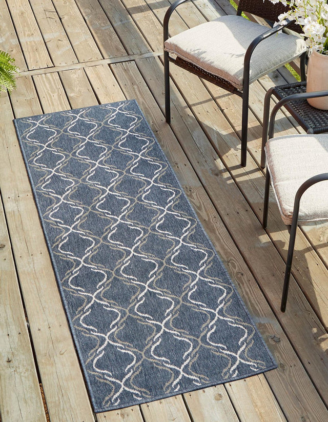 Navy Blue 2' x 8' Outdoor Trellis Runner Area Rug Weather Resistant for Patio, Deck, Terrace, Balcony, Porch Geometric Design Water Safe Outside Carpet for Sale at Rug Engine
