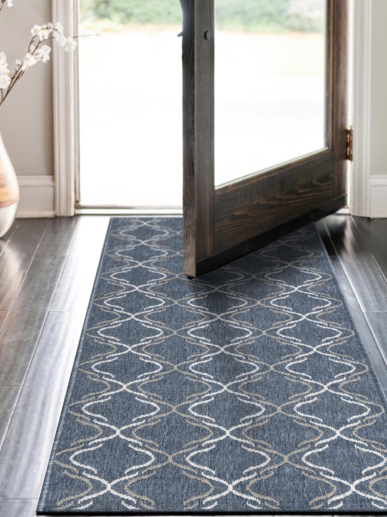 Navy Blue 2' x 6' Outdoor Trellis Runner Area Rug Weather Resistant for Patio, Deck, Terrace, Balcony, Porch Geometric Design Water Safe Outside Carpet for Sale at Rug Engine